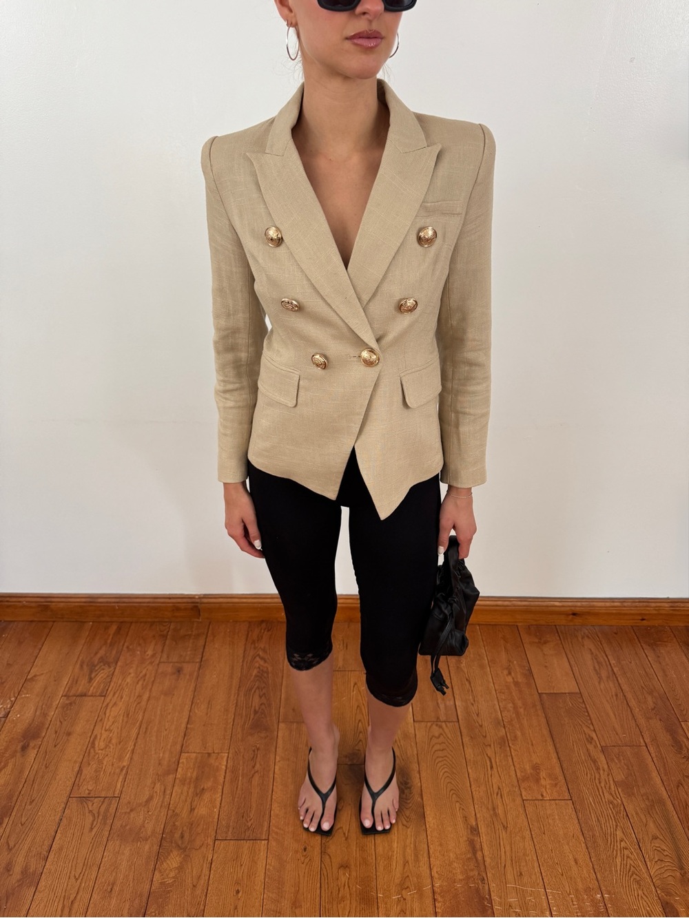 Balmain Natural Beige Double-Breasted Blazer with Gold Buttons